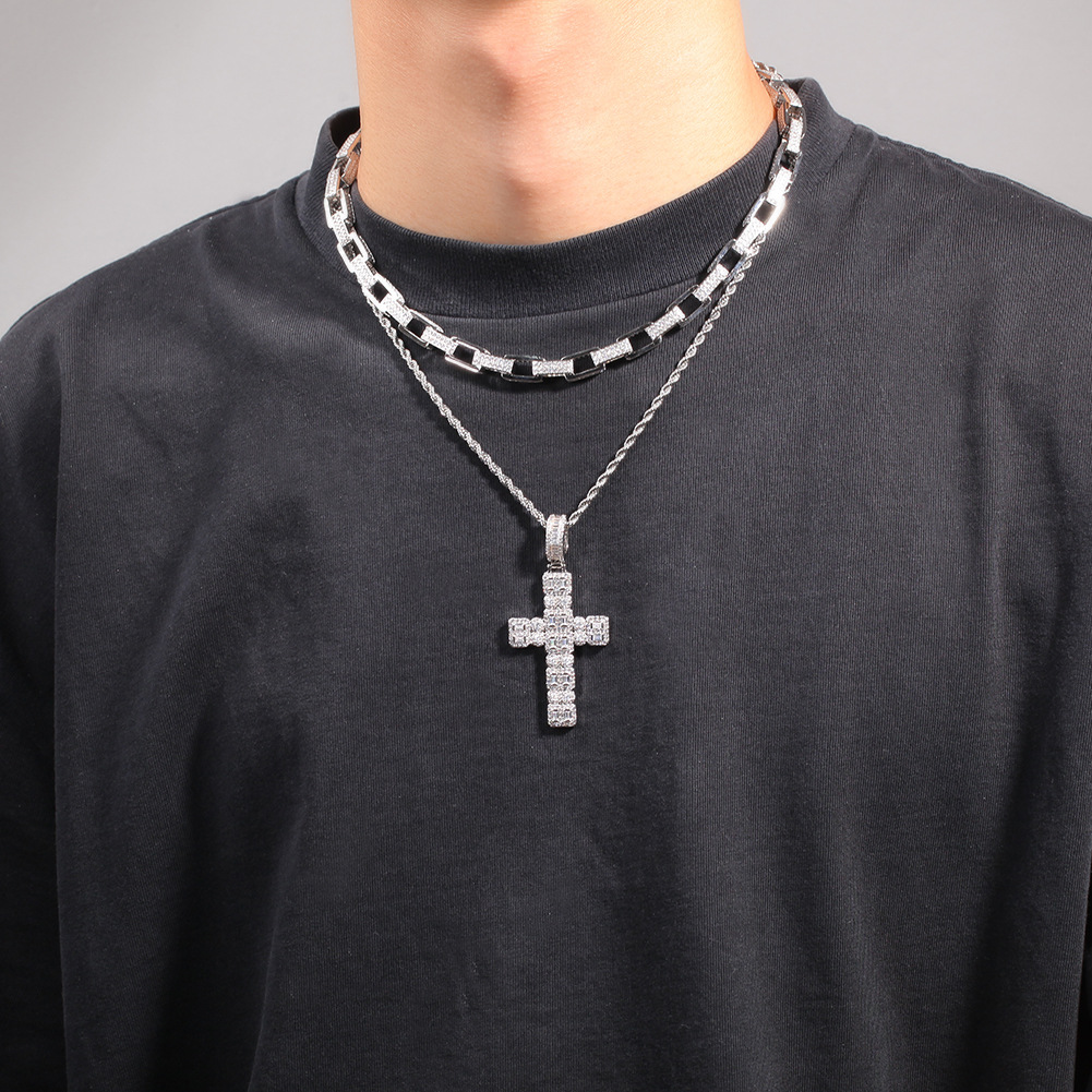 Hip Hop Cross Pendant Necklace Bling 18K Real Gold Plated Shining Crystal Zircon Religious Jewelry Men Women Gift