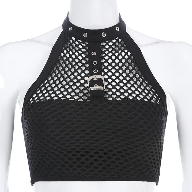 Summer Mesh Top Sexy Gothic Hollow Out Women Trendy Black Crop Top Club Streetwear Buckle Punk Cool Girl Backless Goth Tank Tops 210308