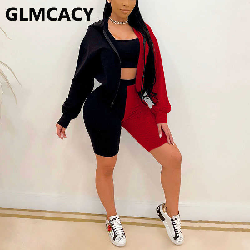 Three Pieces Sets Women Plus Size Long Sleeve Color Block Hoodies & Bodycon Shorts 210702