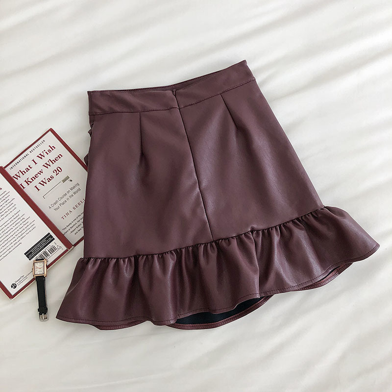 Sweet Pleated Ruffles Small Leather Skirt Womens Autumn Korean High Waist A Shaped Hip Skirt for women Culottes Vintage 210306
