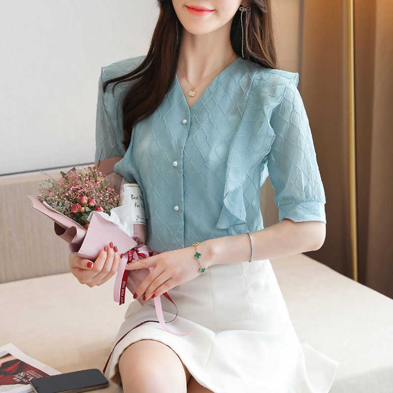Korean Chiffon Women Blouses Shirts Woman V-neck Mesh Blouse Tops Ruffles Plus Size Blusas Femininas Elegante 210531