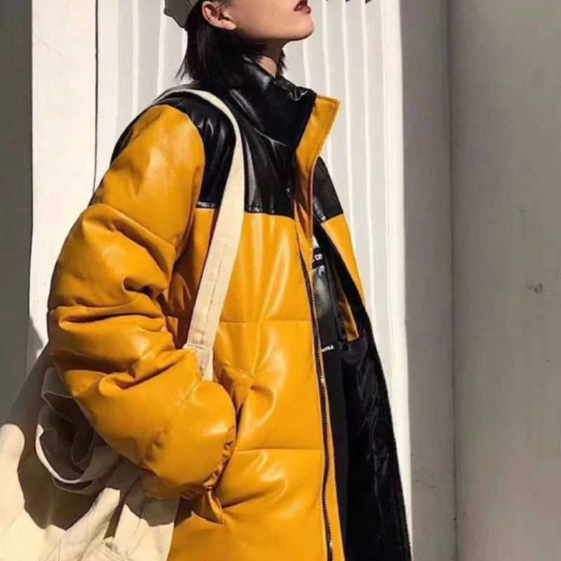 PU Leather Coat Women Jackets Winter Thick Warm Parkas Fashion Black Men's Coats Female Zipper Long Sleeve Cotton Jacket Ladies 211011