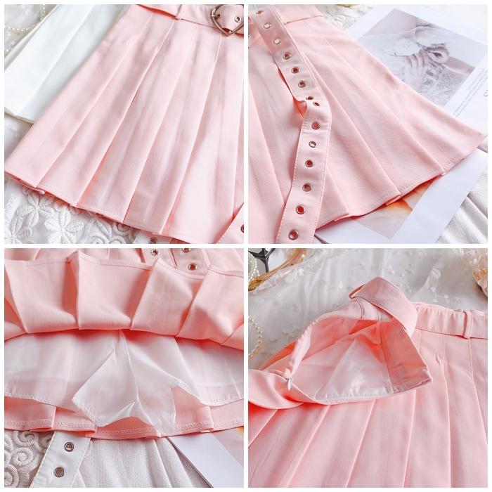 Harajuku Solid Pleated Skirt High Waist Pink A-Line Skirt Cute Korean Uniform Female Kawaii Women Bottom Midi Skirt heart Sashes 210309
