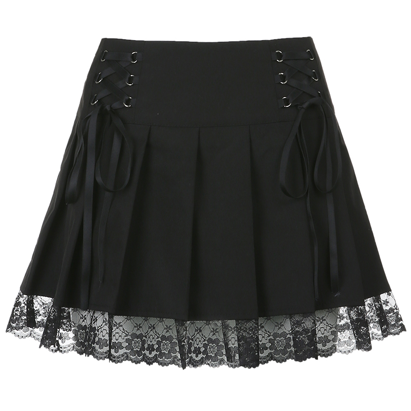 Rockmore High Waist Pleated Skirts For Women Criss Cross Bandage Short Black Skirt Gothic Lace Sexy Y2K Aesthetic Skirts Club 210306