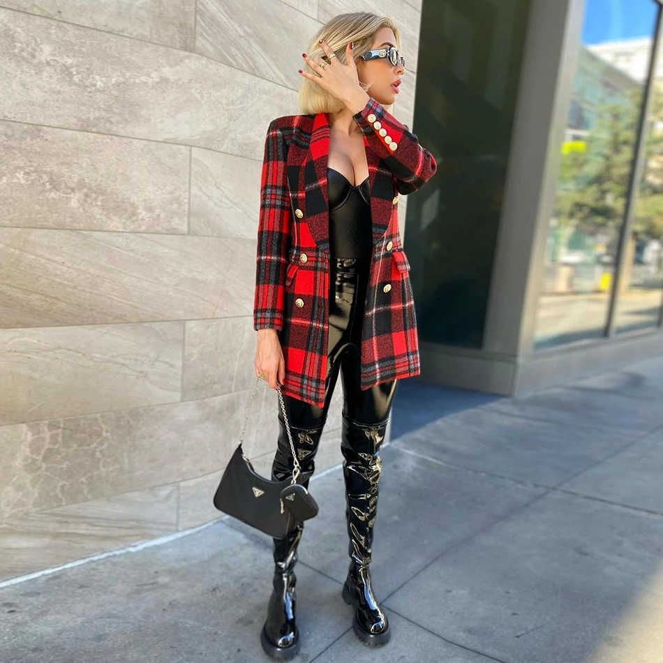 Summer Fashion Coat Ladies Office Plaid Red Slim Double Breasted V-Neck Sexy Women 210525