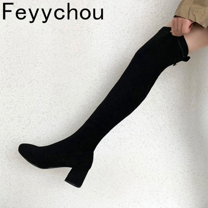Boots Women's Autumn Winter Flock Stretch High Heel Square Over-the-Knee Slip On Round Toe Adult 2021 British Style, Black 
Boots Women's Autumn Winter Flock Stretch High Heel Square Over-the-Knee Slip On Round Toe Adult 2021 British Style, Black