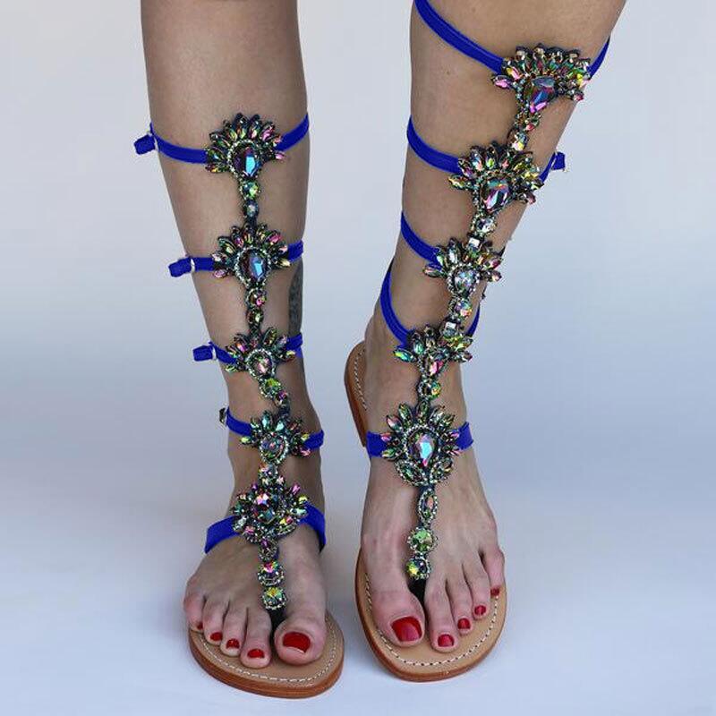 Summer Flats Sandal Gladiator Gold Rhinestone Knee High Buckle Strap Woman Boots Crystal Beach Shoes Plus size 43 210301
