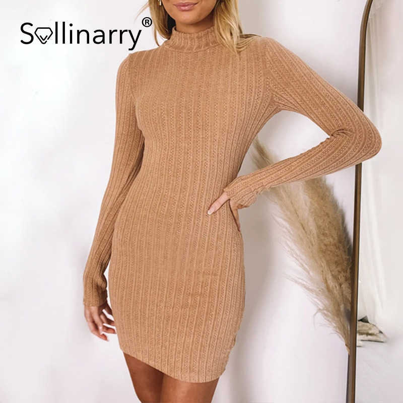 Sollinary Autumn long sleeves back hollow out dress women Elastic bodycon mini dress Sexy solid color round neck dress 210709