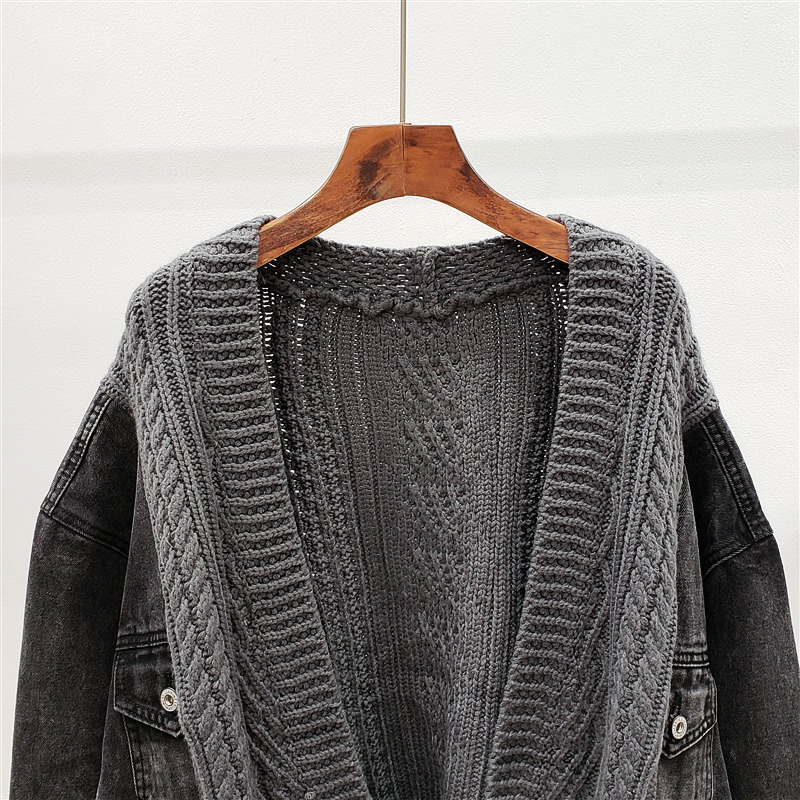 SHENGPALAE New Fashion Autumn Winter Knitted Denim Stitching Jacket Women Loose Casual High Street Coat Female A174 201019