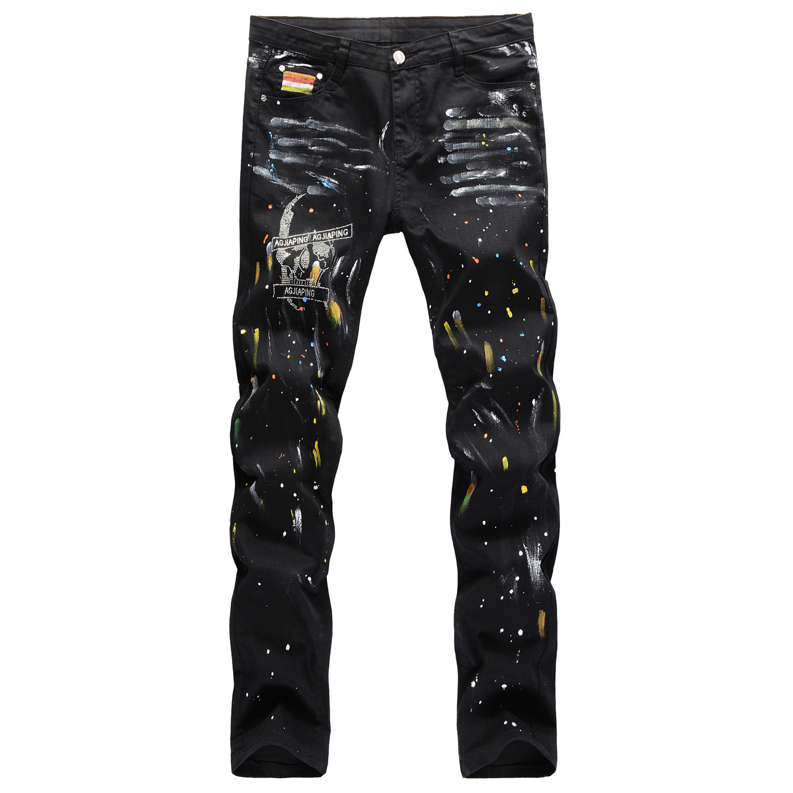

2021 New Trousers European American Street Hip-hop Style Hand-painted Cat Whiskers Splash Ink Color Paint Skull Straight Jeans Pants 5qx4, Beige