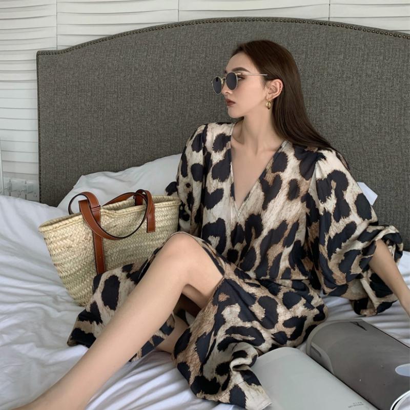 Casual Dresses Vintage Women Leopard Print Dress Loose V-Neck Three-Quarter Sleeve Maxi Korean Clothing Female Robe Fashion Vestidos