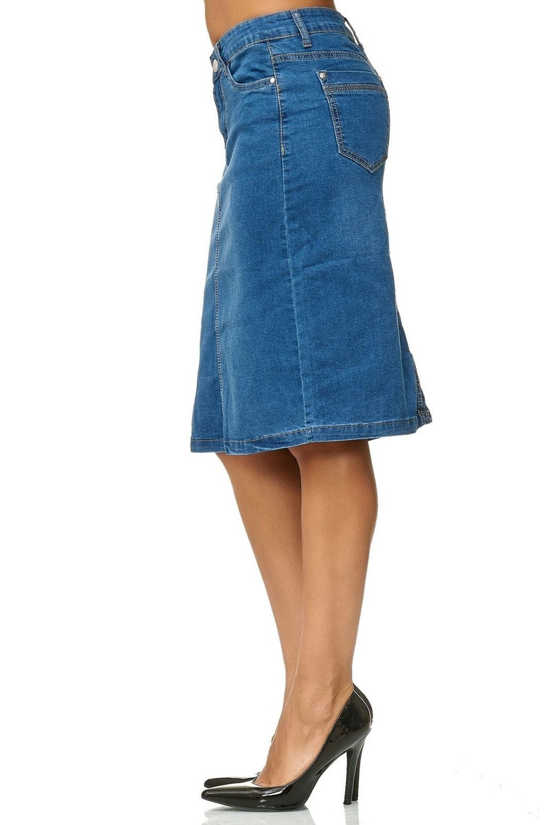 Denim Skirt Women Fashion Casaul Stretch Knee Length Washed Denim Blue Skirts Plus Size Pockets Pure Color Office Female Skirts 210309