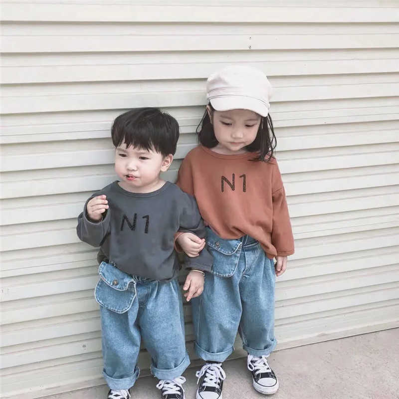 spring autumn boys girls pocket loose denim pants 1-6 years toddler kids casual all-match jeans 210615