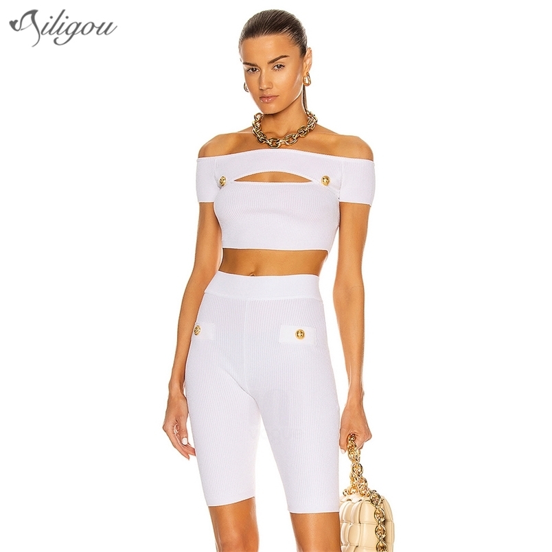 Women's Two-Piece Set Celebrity Party Button Decoration Hollow Design Short Sleeve Road Shoulder White Bandage 210525
Women's Two-Piece Set Celebrity Party Button Decoration Hollow Design Short Sleeve Road Shoulder White Bandage 210525