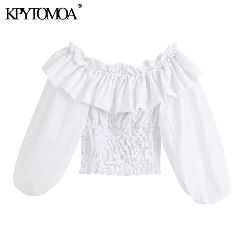 KPYTOMOA Women Sweet Fashion Ruffled Trims Cropped Blouses Vintage Slash Neck Smocked Hem Female Shirts Blusas Chic Tops 210225