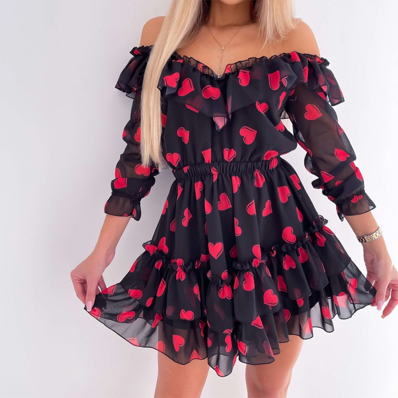 Women Off Shoulder Ruffles Flower Print Dress Spring Long Sleeve Elegant Party Dress Female Chiffon Beach Holiday Vestidos 210309