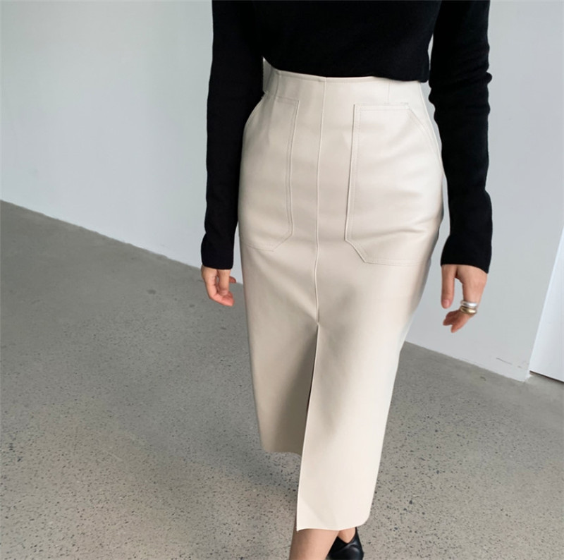 New Spring Women PU Leather Skirts High Waist Pockets Package Hip Skirt Female Front Split Zipper Midi Pencil Skirts 210309