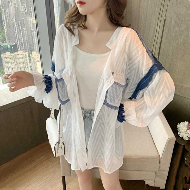 Big Size Korean Spring/summer Casual Denim Stitching Shirt Women's Loose Chiffon Long-sleeved Thin 210615
