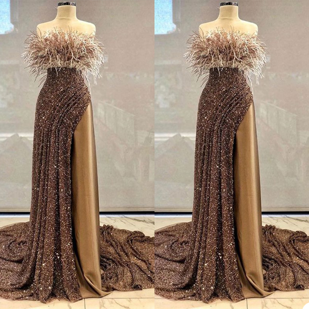 Luxury Glitter Prom Dresses Feather Bling Sequin Mermaid Sexy Side Split Evening Dresses Dubai Arabic Ruffles Custom Made Pageant Gown