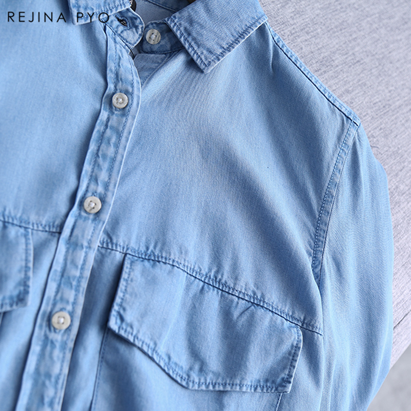 BIAORUINA Spring New Arrival Women Blue Cotton Denim Shirt Female Basic Solid Pockets Buttons Tops 210302