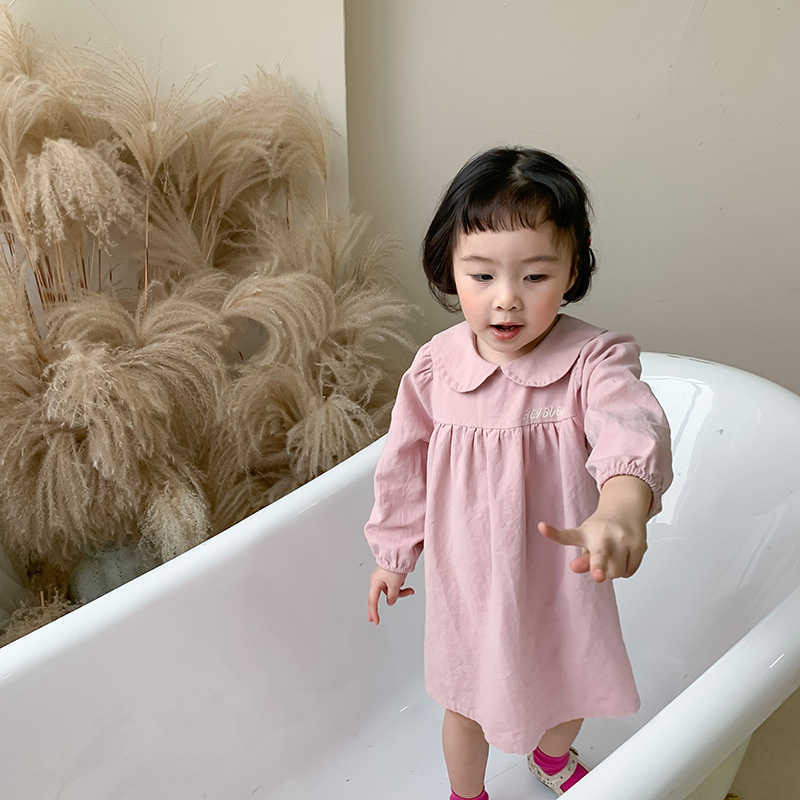 Spring cute Baby Girls Doll Collar Letters Embroidery Long Sleeve Dress Toddler Kids Cotton Skin-friendly Casual Dresses 210615