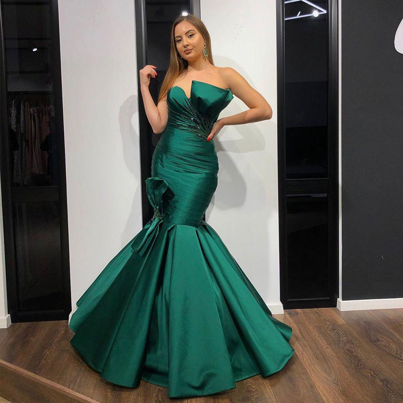 Charming Dark Green Mermaid Evening Dresses Pleats Sweetheart Strapless Long Prom Party Gowns Bow African Arabic Floor Length Formal Wear