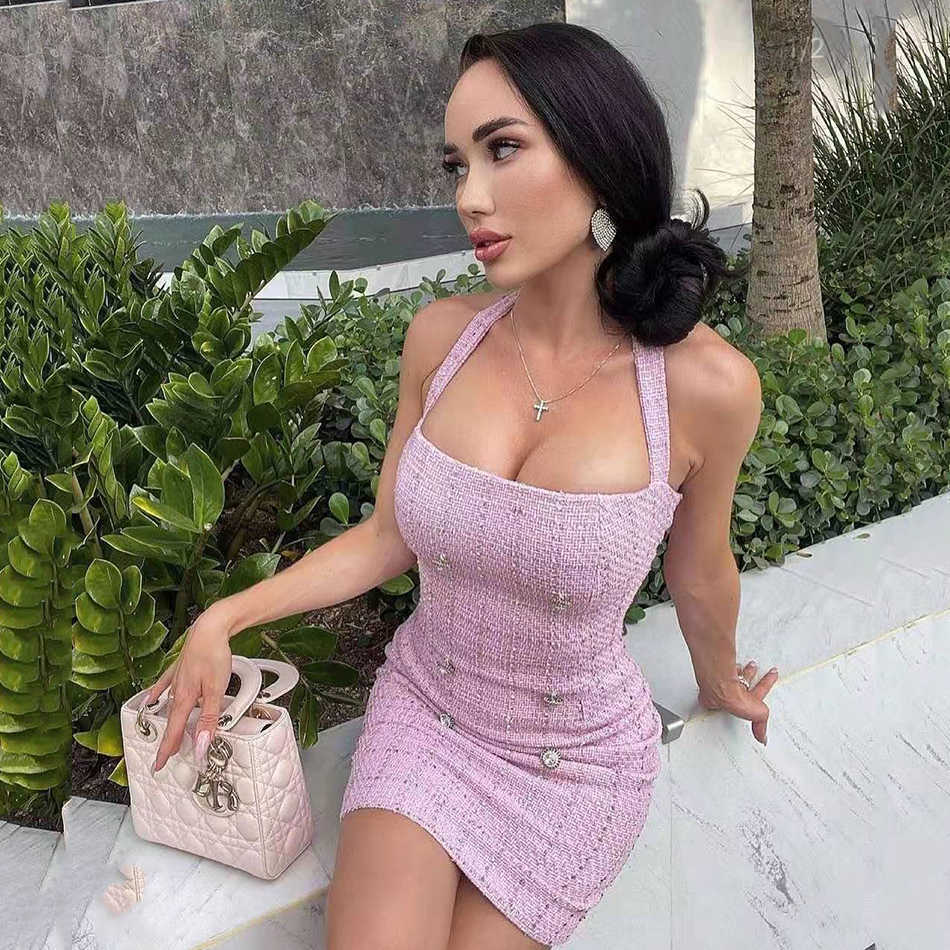 Summer Women's Pink Bodycon Halter Neck Tweed Mini Dress Sexy Sleeveless Button Celebrity Party 210527