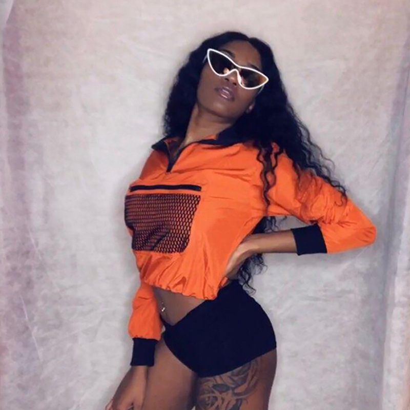Women spring Orange Half Open Collar Loose Top pullover New Chest Mesh Decoration Sweatshirt Casual Coat Active Wear T200525