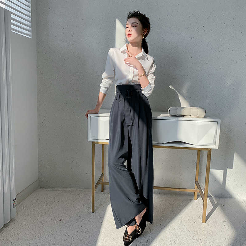 chic women's straight wide leg pants with belt Spring Summer female casual loose high waist pants Trousers 210702