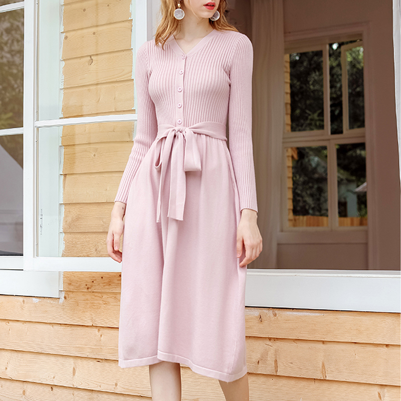 GIGOGOU Chic Sahes Belt Women Sweater Dress V Neck Long Sleeve Knitted A Line Dress Autumn Winter Midi Dress Pink Green Jumper 201008