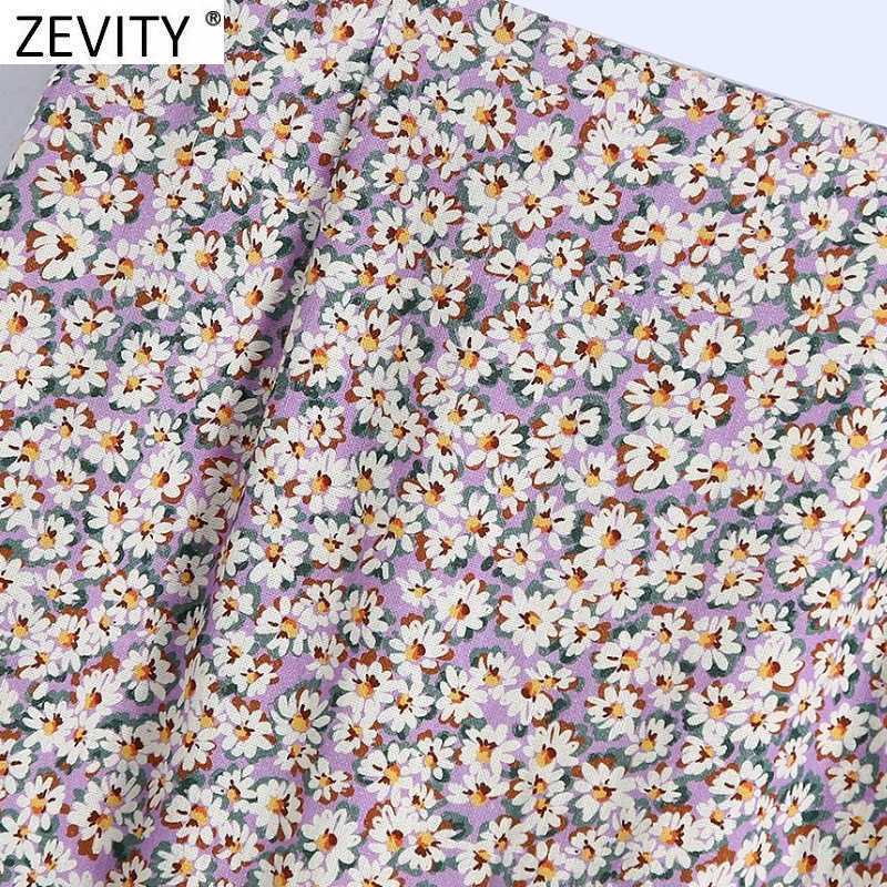 Zevity Women Vintage Floral Print Single Breasted Split Purple Skirt Faldas Mujer French Style Female Chic Party Vestidos QUN756 210621