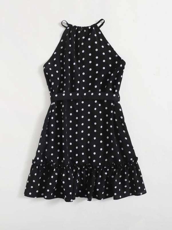 Girls Polka Dot Frill Trim Belted Dress SHE