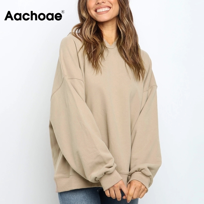 Aachoae Casual Solid Pullover Hoodies Sweatshirts Women Batwing Long Sleeve Loose Base Tops Lady Office Wear Hooded Hoodie 201204
