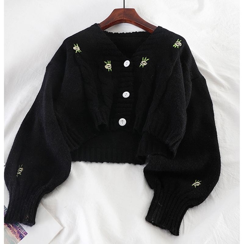 Spring and Autumn V-neck Lantern Sleeve Embroidery Hollow Flowers Gentle Cute Cardigan Women's Knit Fashion Loose Sweater 210602