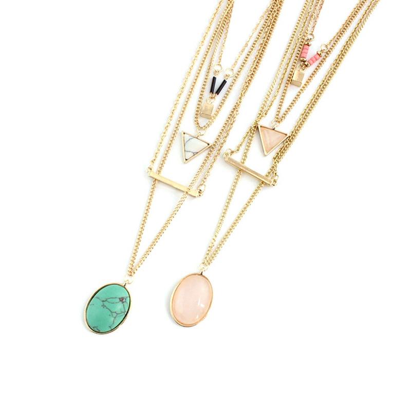 

Pendant Necklaces Multilayer Rose Pink Quartz Kallaite Natural Stone Short Gold Chain Geometric Circle Accessories Jewelry