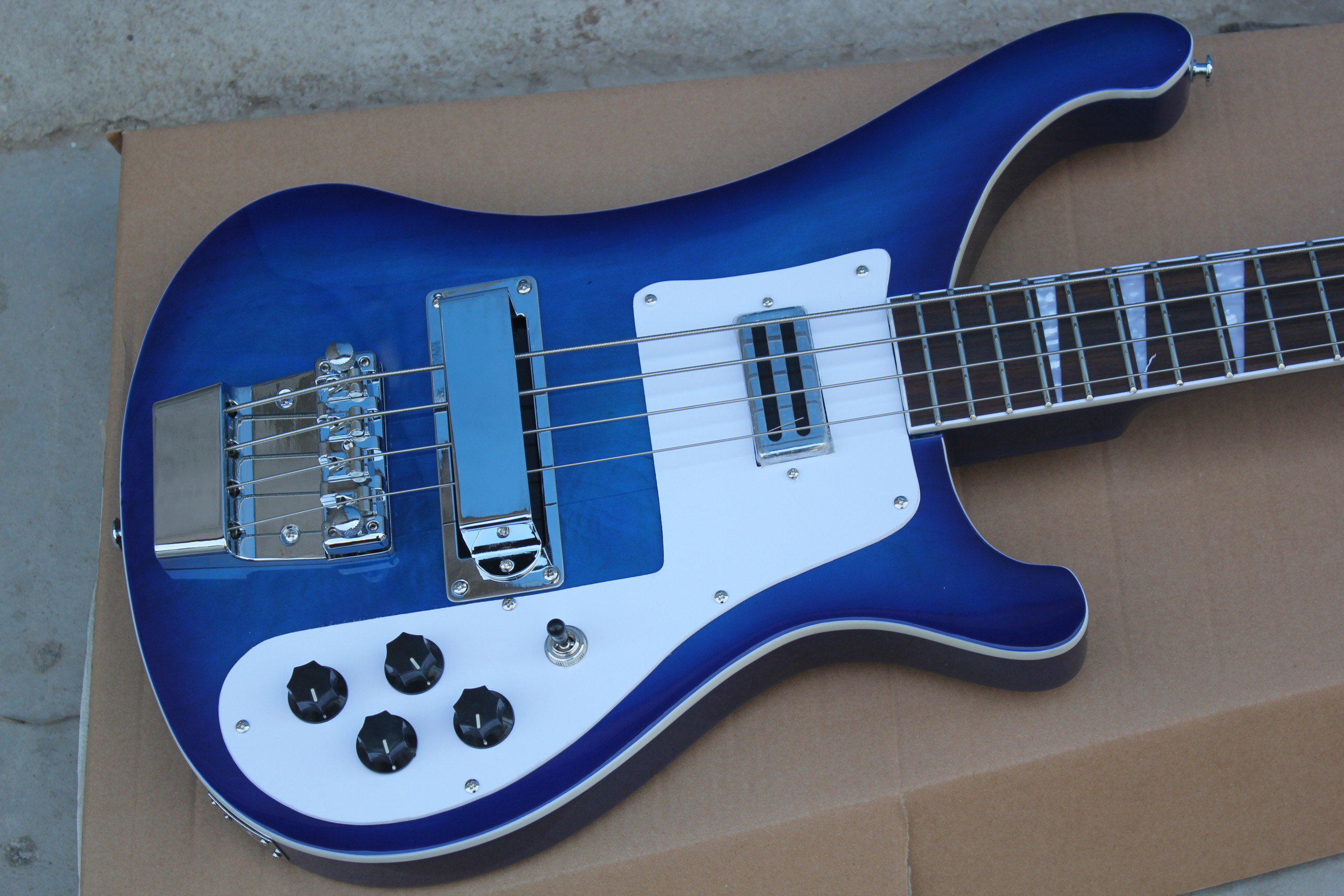 Custom 4 Strings Blue Burst 4003 Electric Bass Guitar Chrome Hardware, Triangle MOP Fingerboard Inlay, Top Selling
