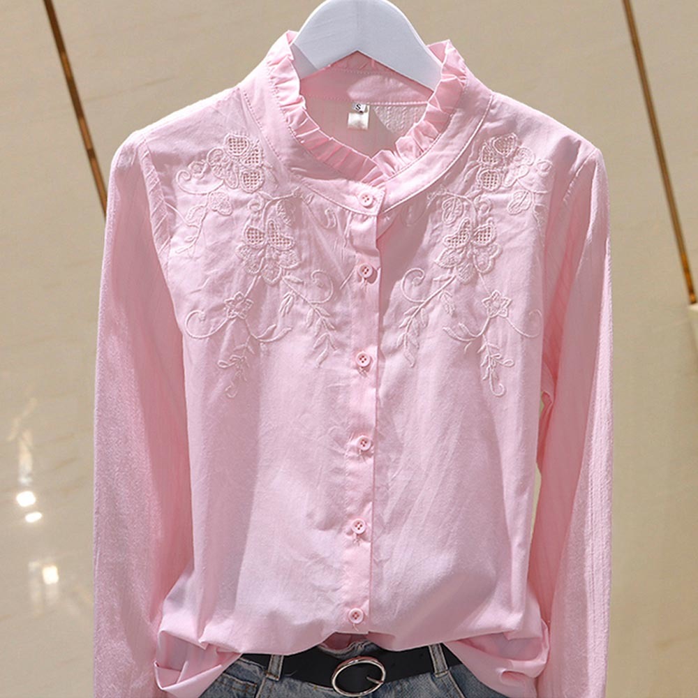 Summer Blouse Women Shirt Tops Cotton Korean Style Floral Embroidered Pleated Ruffle Stand Collar Casual Plus Size Clothes 210225
