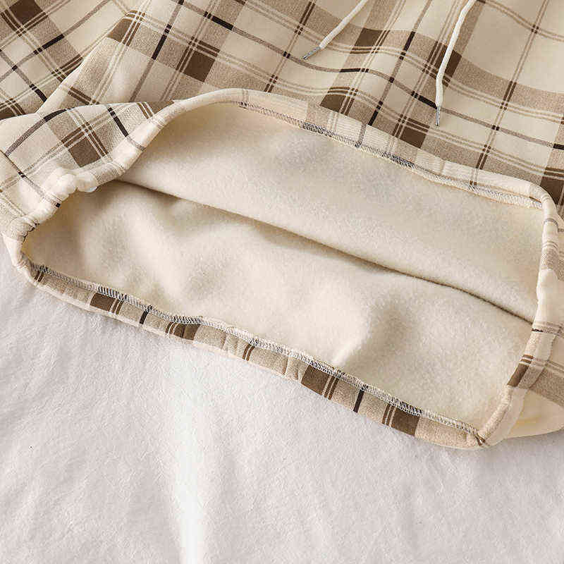 Women Fleece Hoodies Sweatshirt Winter Plaid Pirnted Cotton Hooded Sweatshirt Casual Loose Hooded Pullover Oversize Jacket 211109