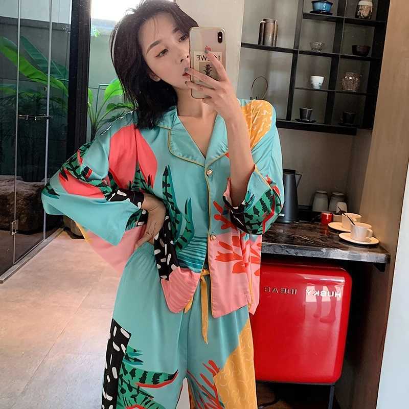 Autumn Print Satin Pajamas Set Women's Casual Home Wear Long Sleeve Elastic Waist Temperament Sleepwear Two Piece Pajama Set 210924
