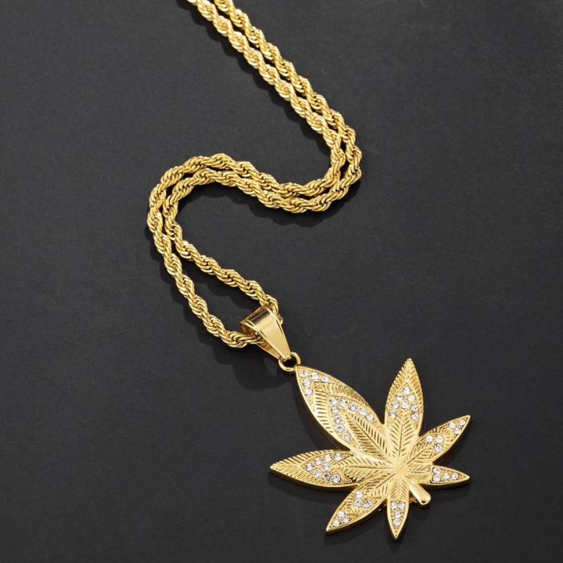 High-Quality Cold Color 316L Stainless Steel Leaf Pendants Long Link Chain Leaves Hip Hop Necklace for Women Men Rapper