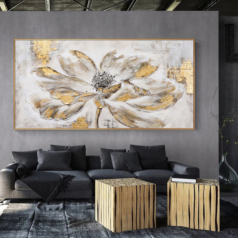 Golden Flower Abstract Home Decor Oil Painting Printed on Canvas Wall Art for Living Room Modern Posters Vintage Quadros Nordic