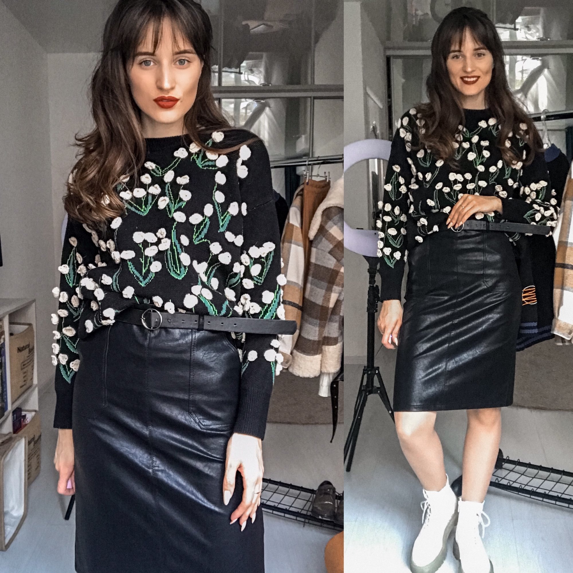 REALEFT Autumn Winter Black PU Leather Elegant Pencil Midi Skirts Pockets High Waist Back Split Sheath Wrap Skirts with Belt 210309