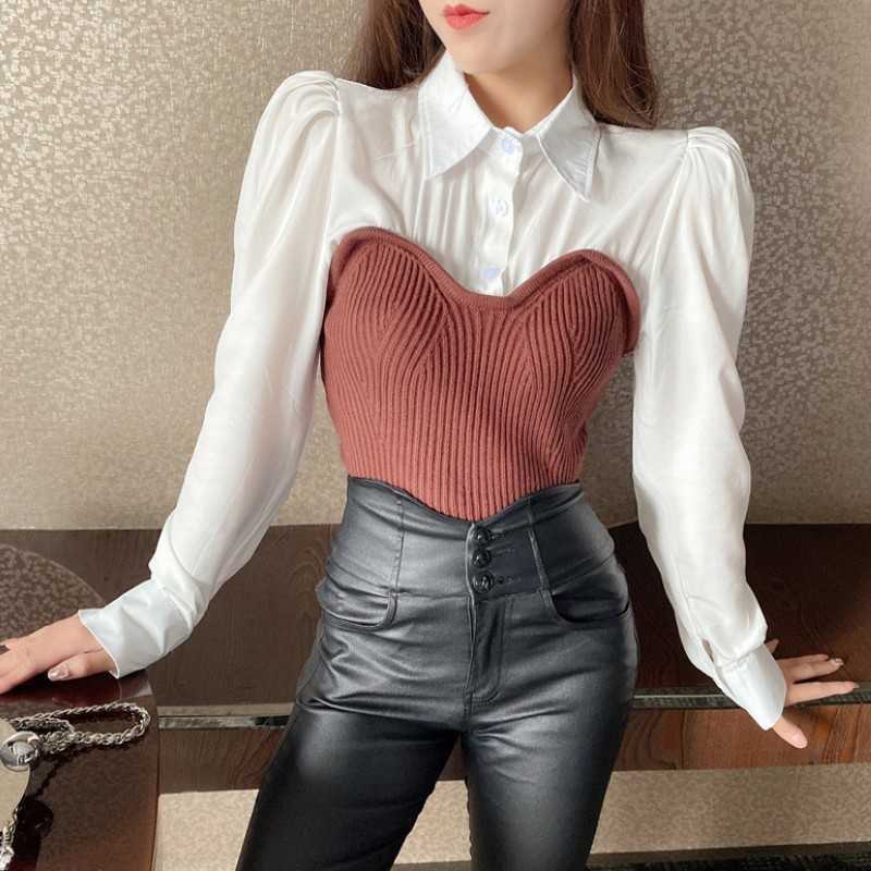 Women Knit Patchwork Fake Two-Piece Shirts Korean Spring Fashion Puff Sleeve Turn Down Collar Office OL Slim Blouse Femme 210526, Photo color
Women Knit Patchwork Fake Two-Piece Shirts Korean Spring Fashion Puff Sleeve Turn Down Collar Office OL Slim Blouse Femme 210526, Photo color