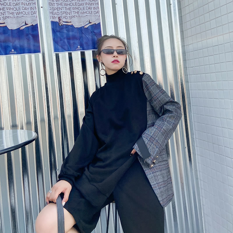 XITAO Korean Style Patchwork Plaid Sweatshirt Women Fashion Long Sleeve Loose Turtleneck Top Plus Size Irregular Autumn XJ5254 201202