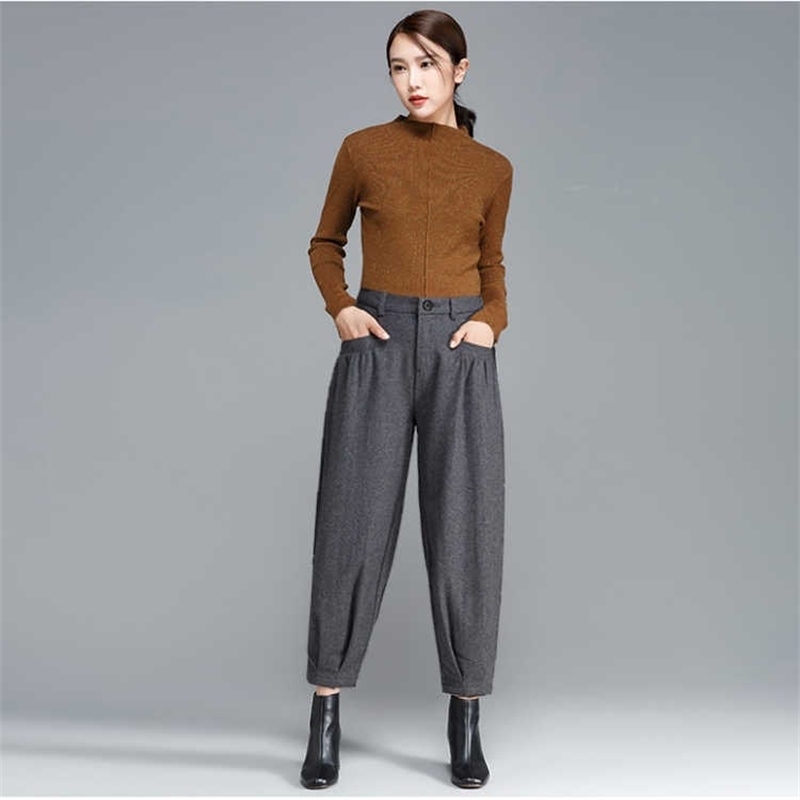 Warm Spring Wool Wide Leg Pants For Women Loose Harem Pants Women's Office Trousers Woman High Waist Pants Lady 887B 201012