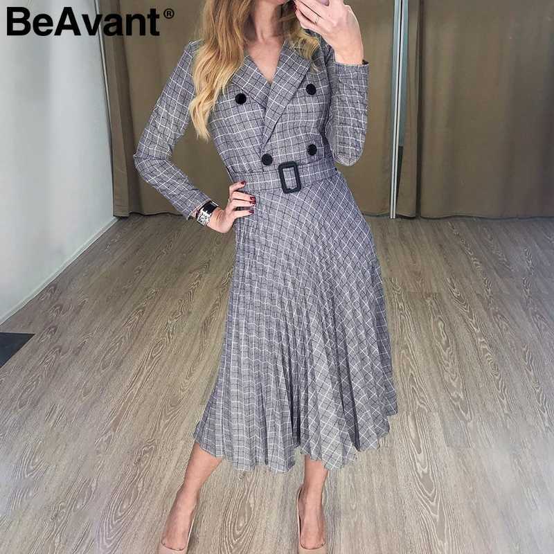 BeAvant Double breasted office dress women Elegant a line sashes plaid blazer dresses female Long sleeve pleated ladies vestidos 210709