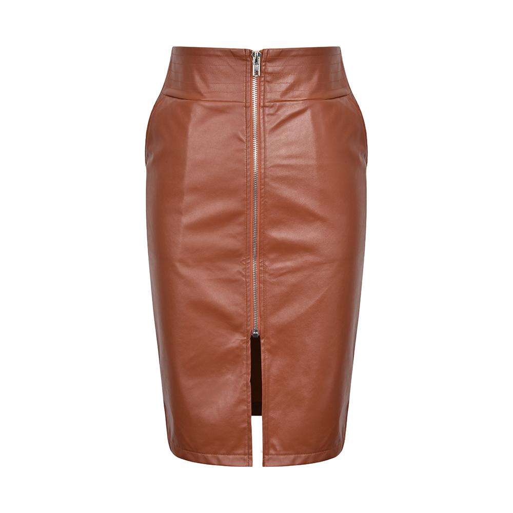 Elegant Faux Leather Woman Skirts Front Zipper Midi Skirt Sexy High Waist Split PU Leather Skirts Pocket Wrap Hip Bodycon Skirt 210303
