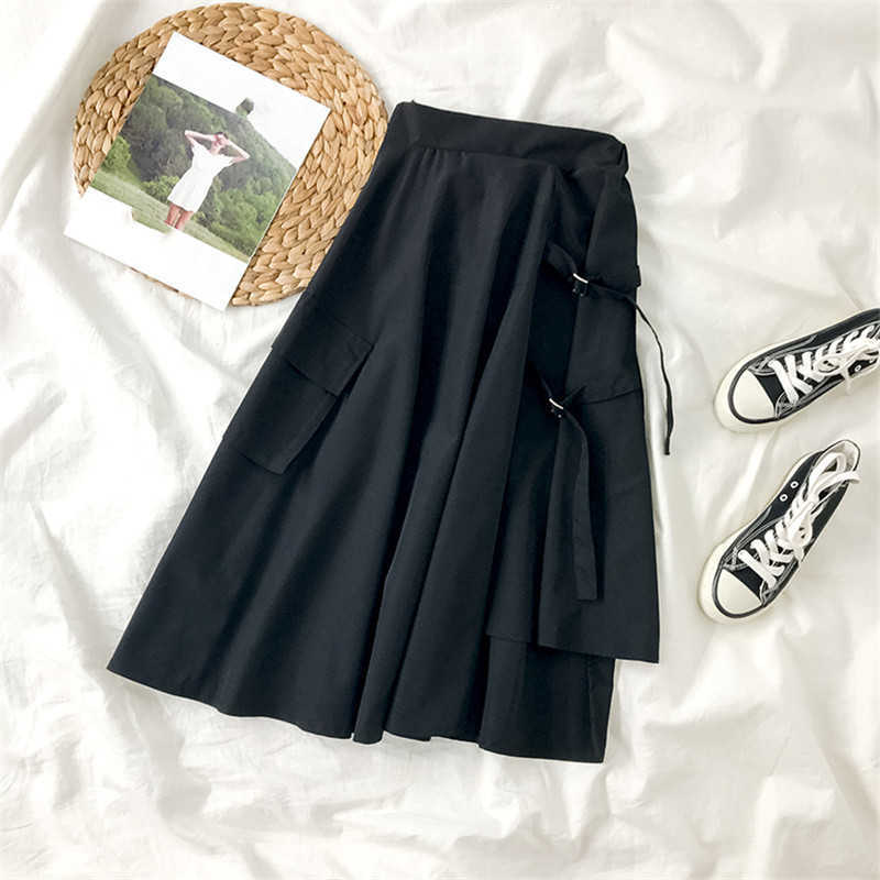 Japanese Safari Style Women Skirt Spring High Waist Skirts Ribbon Pockets Irregular A-line Faldas Mujer 6F681 210603