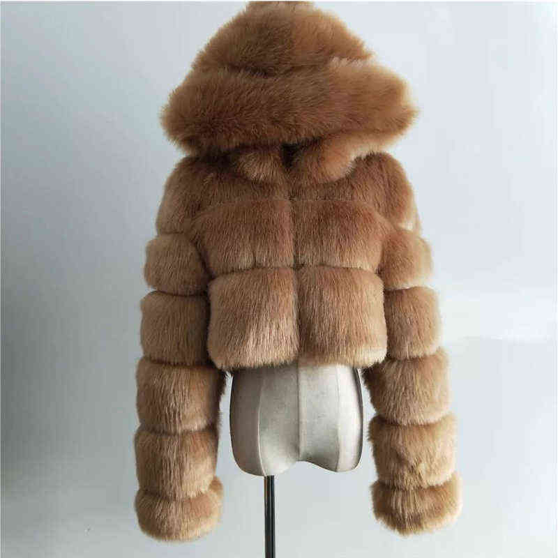 High Quality Furry Cropped Faux Coats and Jackets Women Fluffy Top Coat With Hooded Winter Jacket Manteau Femme 211220 - view 5
