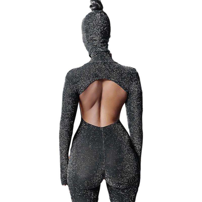Fashion Women Sparkling Tight Jumpsuits with Balaclava Hood Mask, Sexy Open Back Sequin Long Romper Playsuits